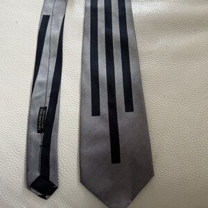 THIERRY MUGLER Gray Silk Tie with Black Stripe Design
